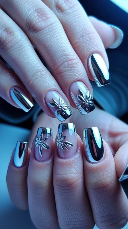 مدل فرنچ کروم ناخن گلدار