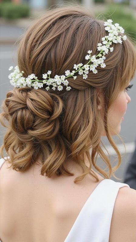 مدل مو کوتاه ساقدوش عروس: boho lob with baby s breath