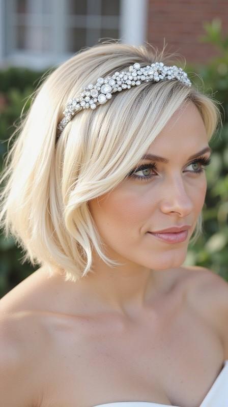 مدل مو کوتاه ساقدوش عروس: sleek bob jeweled headband