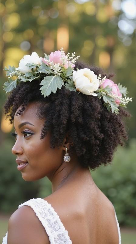 مدل مو کوتاه ساقدوش عروس: elegant afro floral crown