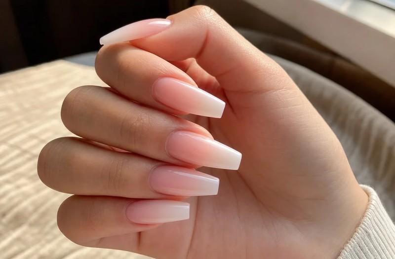 Coffin-shaped nails featuring a soft ombre gradient nail art design, مدل ناخن بادامی و تابوتی