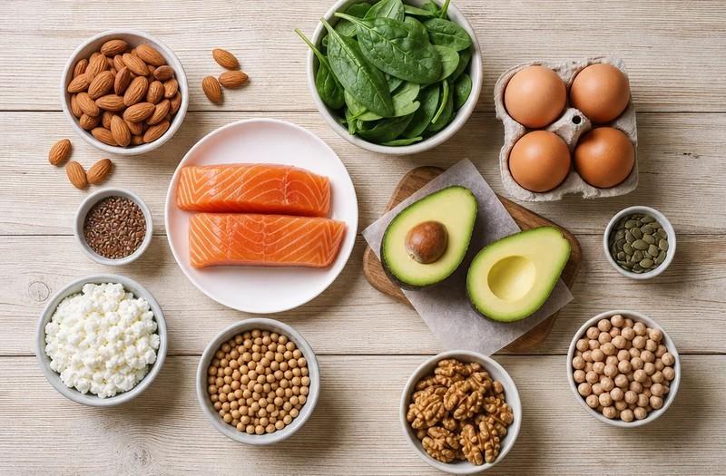 تصویر چیدمان مواد غذایی غنی از بیوتین و پروتئین برای درمان ناخن های شکننده