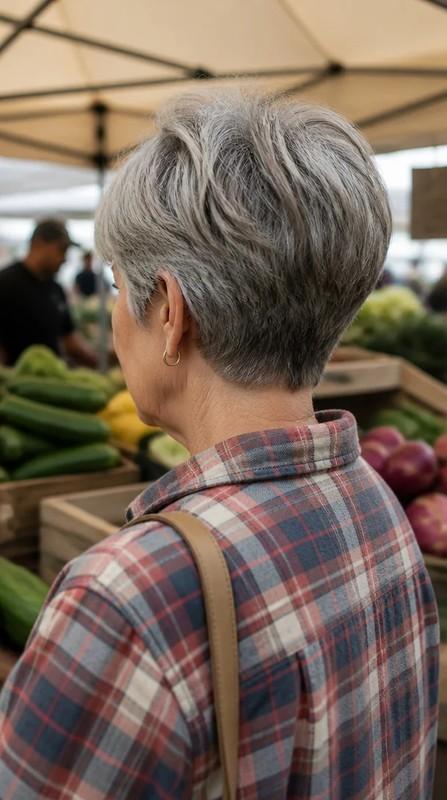 مدل مو برای موهای پرپشت - نمای پشت خانم بالای 60 سال با موهای پرپشت جوگندمی در کوتاهی مخروطی کوتاه با پشت لایه ای (استک)